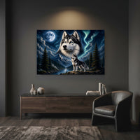 Majestic Husky Dog Oil Painting Style Moonlight Aurora Canvas Print Wall Art - Mockup Display 7