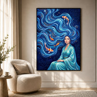 Elegant Woman with Flowing Water Hair Koi Fish Artistic Canvas Print Wall Art - Mockup Display 7