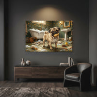 Pug Bathroom Stretched Canvas Wall Art, Humorous Dog Print, Vintage Powder Room Decor