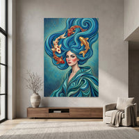 Mystical Woman with Koi Fish Canvas Print Wall Art, Elegant Fantasy Style Decor - Mockup Display 7