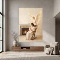 Serene Mother & Baby with Guardian Angel Oil Painting Style Canvas Print Wall Art - Mockup Display 7