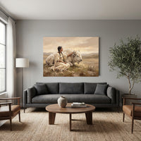 Native American Woman & White Buffalo Oil Painting Style Canvas Print Wall Art, Serene Landscape - Mockup Display 7