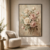 Romantic Blush & Cream Roses Oil Painting Style Canvas Print Wall Art, Elegant Home Decor - Mockup Display 7