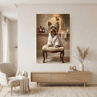 Yorkshire Terrier in Robe Oil Painting Style Canvas Print Wall Art, Elegant Bathroom Decor - Mockup Display 7