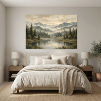 Misty Mountain Lake Landscape Oil Painting Style Canvas Print Wall Art, Rustic Decor - Mockup Display 7
