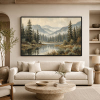 Serene Forest Lake Landscape Oil Painting Style Canvas Print Wall Art, Tranquil View - Mockup Display 7