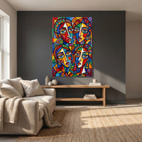Colorful Abstract Faces Stretched Canvas Wall Art, Modern Geometric Portrait Print, Bold Room Decor