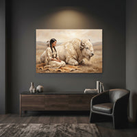 Native American Woman White Buffalo Oil Painting Style Canvas Print Wall Art, Serene Decor - Mockup Display 7