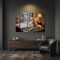 Pomeranian Stretched Canvas Wall Art, Snowy Window Dog Print, Cozy Living Room Decor