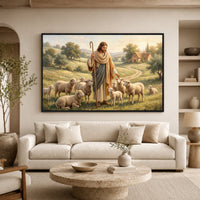 Good Shepherd Jesus Christ Oil Painting Style Canvas Print Wall Art, Serene Biblical Landscape - Mockup Display 7