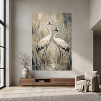 Elegant White Cranes Oil Painting Style Canvas Print Wall Art, Serene Decor - Mockup Display 7