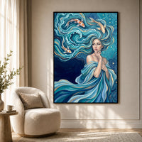 Mystical Water Woman with Koi Fish Oil Painting Style Canvas Print Wall Art Serene - Mockup Display 7
