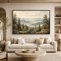 Misty Forest Landscape Oil Painting Style Canvas Print Wall Art, Serene Hills - Mockup Display 7