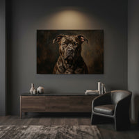 Black Pit Bull Stretched Canvas Wall Art, Dramatic Dog Portrait Print, Rustic Living Room Decor
