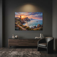 Vibrant Coastal Sunset Lighthouse Oil Painting Style Canvas Print Wall Art, Serene - Mockup Display 7
