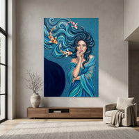 Mystical Woman & Koi Fish Oil Painting Style Canvas Print Wall Art, Serene Decor - Mockup Display 7