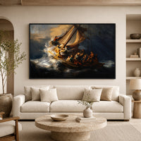 Rembrandt's Storm Sea Galilee Oil Painting Style Canvas Print Wall Art, Museum Quality - Mockup Display 7