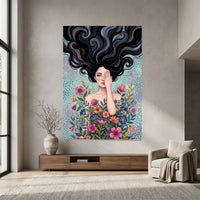 Mystical Woman with Vibrant Flowers Artistic Canvas Print Wall Art, Dreamy Portrait - Mockup Display 7