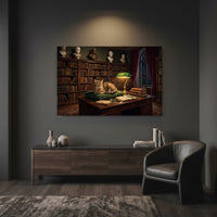 Tabby Cat in Scholarly Library Oil Painting Style Canvas Print Wall Art, Elegant Decor - Mockup Display 7