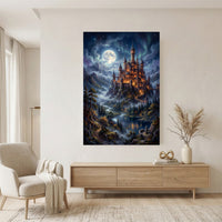 Enchanted Fantasy Castle Oil Painting Style Canvas Print Wall Art Night View - Mockup Display 7