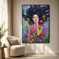 Mystic Woman Floral Canvas Print Wall Art with Flowing Hair, Vibrant Garden Style - Mockup Display 7