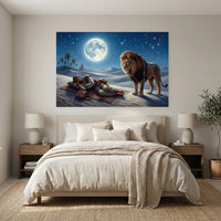 Desert Night Lion and Sleeping Man Oil Painting Style Canvas Print Wall Art - Mockup Display 7