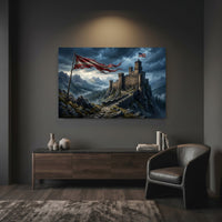 Dramatic Mountain Castle Libertas with Flags Canvas Print Wall Art, Epic Landscape. - Mockup Display 7