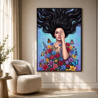 Vibrant Pop Art Woman with Flowers & Butterflies Canvas Print Wall Art Décor - Mockup Display 7