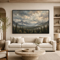 Dramatic Misty Mountain Forest Oil Painting Style Canvas Print Wall Art Decor - Mockup Display 7