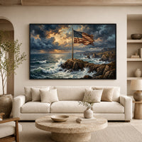 Dramatic American Flag on Rocky Coast Oil Painting Style Canvas Print Wall Art - Mockup Display 7