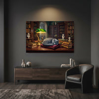 Peaceful Grey Cat Sleeping Library Oil Painting Style Canvas Print Wall Art for Study - Mockup Display 7