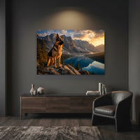 German Shepherd Dog Mountain Lake Sunset Oil Painting Style Canvas Print Wall Art, Majestic - Mockup Display 7