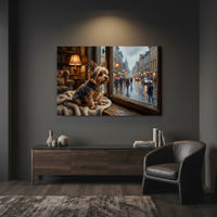 Yorkshire Terrier Stretched Canvas Wall Art, Rainy Window Dog Print, Cozy Living Room Decor
