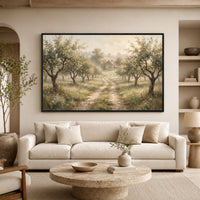 Misty Orchard Path Oil Painting Style Canvas Print Wall Art, Serene Landscape - Mockup Display 7
