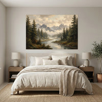 Serene Mountain Forest River Oil Painting Style Canvas Print Wall Art Décor - Mockup Display 7