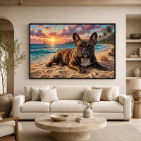 French Bulldog in Glasses on Tropical Sunset Beach Oil Painting Style Canvas Print Wall Art - Mockup Display 7