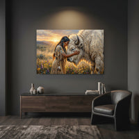 Native American Woman White Buffalo Oil Painting Style Canvas Print Wall Art Serene - Mockup Display 7