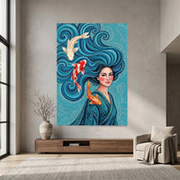 Vibrant Woman with Koi Fish Artistic Canvas Print Wall Art, Elegant Home Decor - Mockup Display 7