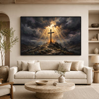 Dramatic Cross on Hill Oil Painting Style Canvas Print Wall Art, Spiritual Light - Mockup Display 7