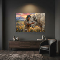 Native Woman & White Bison Oil Painting Style Canvas Print Wall Art, Spiritual Serenity - Mockup Display 7