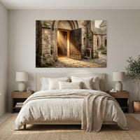 Ancient Church Entrance Sunlit Path Oil Painting Style Canvas Print Wall Art - Mockup Display 7