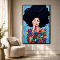 Vibrant Floral Woman Oil Painting Style Canvas Print Wall Art, Expressive Decor - Mockup Display 7