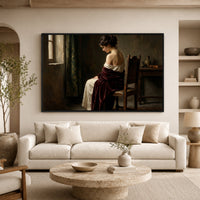 Contemplative Woman in Red Shawl, Classical Oil Painting Style Canvas Print Wall Art, Elegant. - Mockup Display 7