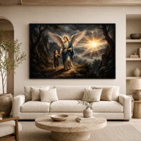 Divine Guardian Angel & Child Oil Painting Style Canvas Print Wall Art, Serene Landscape - Mockup Display 7
