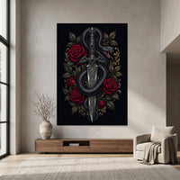 Intricate Dark Fantasy Snake & Dagger Roses Canvas Print Wall Art, Ornate Elegance - Mockup Display 7