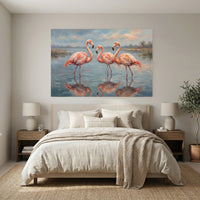 Three Pink Flamingos Oil Painting Style Canvas Print Wall Art, Serene Decor - Mockup Display 7