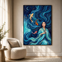 Mystical Asian Woman Koi Fish Oil Painting Style Canvas Print Wall Art, Elegant Decor - Mockup Display 7