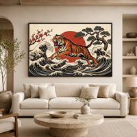 Dynamic Japanese Ukiyo-e Tiger Waves & Sun Canvas Print Wall Art, Zen Decor - Mockup Display 7