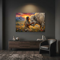 Native American Woman & White Bison Oil Painting Style Canvas Print Wall Art, Serene Landscape - Mockup Display 7