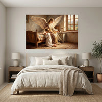 Guardian Angel & Child Praying Oil Painting Style Canvas Print Wall Art, Divine Grace - Mockup Display 7